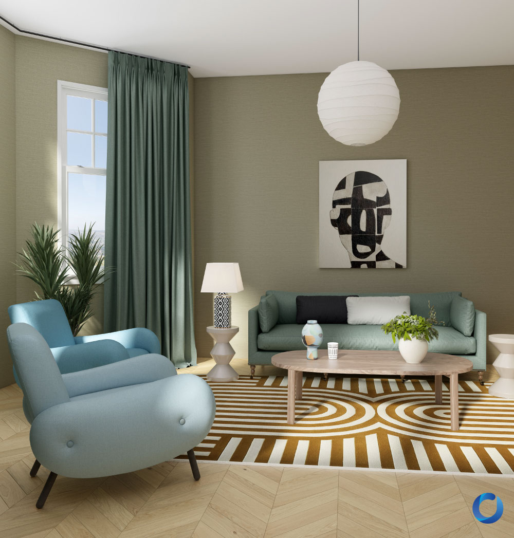Contemporary living room with teal curtains and bold rug design. Collection Kidglove