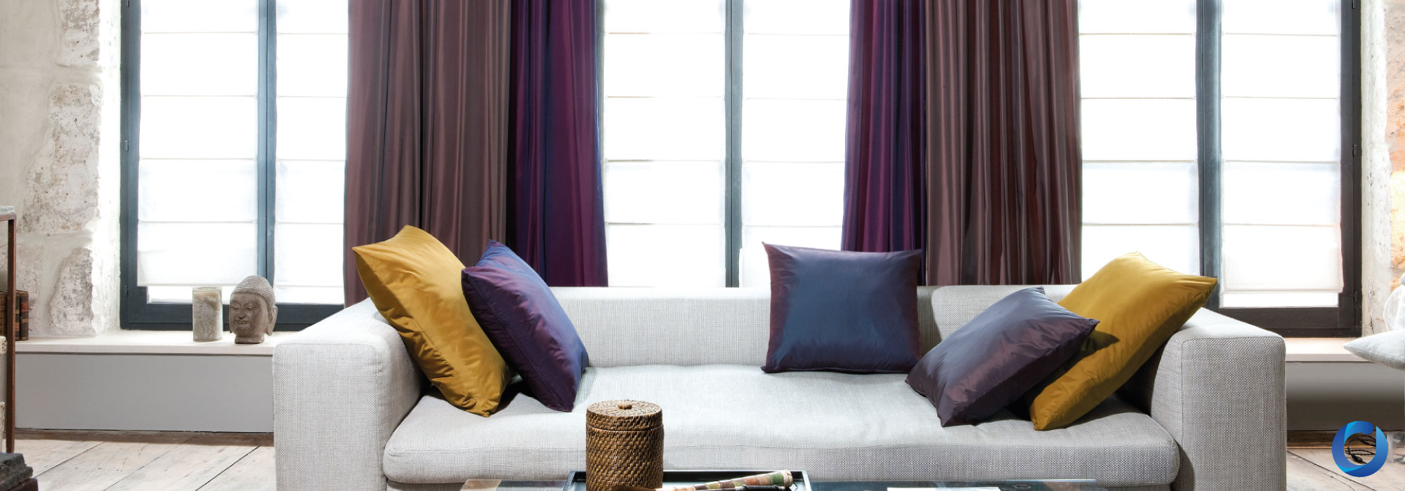 Modern living room with rich purple curtains and sofa. Collection Runway