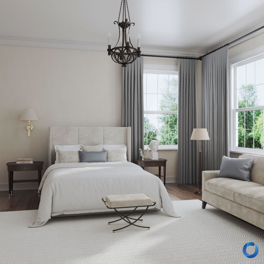 Classic bedroom with soft grey blackout curtains and neutral tones. Collection Lights Out