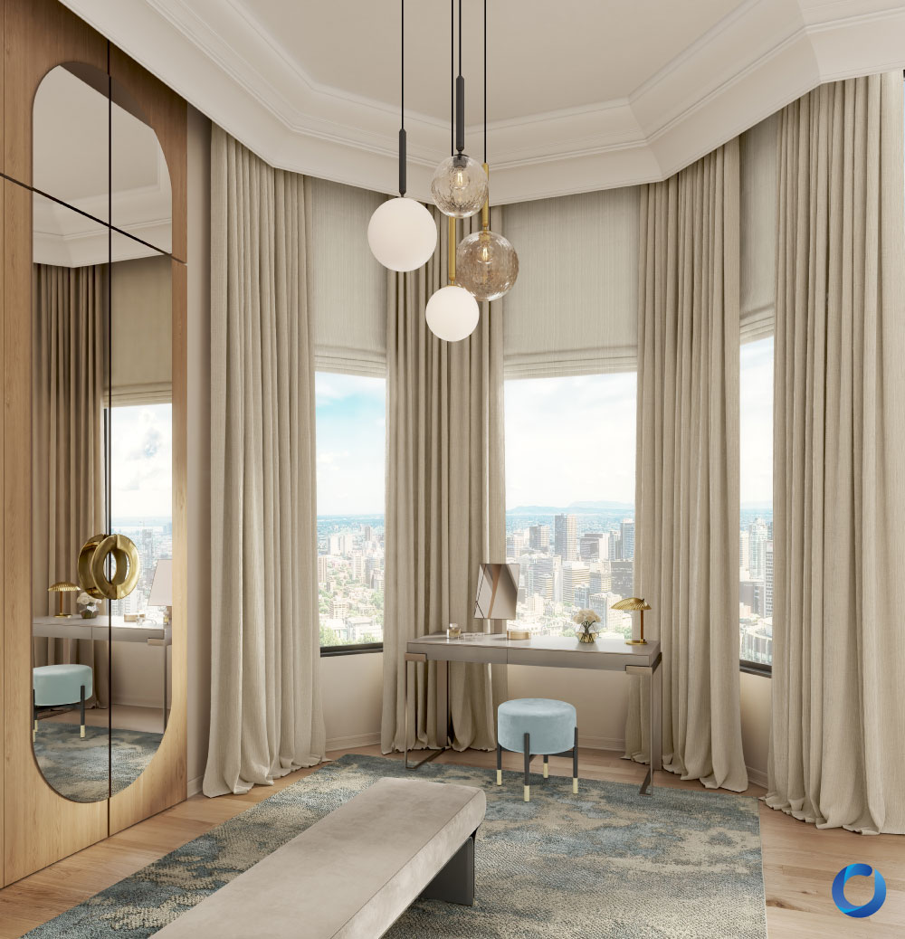 Elegant corner room with floor-to-ceiling beige curtains. Collection Silka