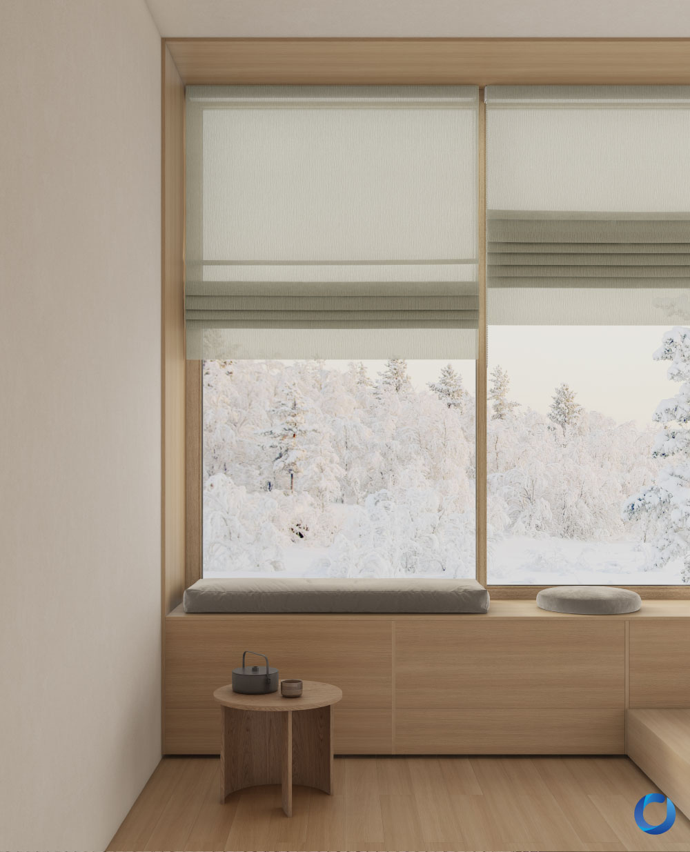 Minimalist window nook with soft Roman shades and snowy view. Collection Texto