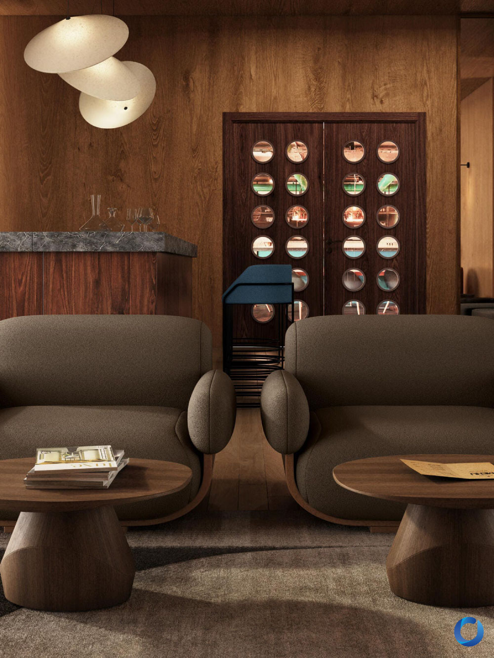 Modern lounge interior with wood and fabric furniture. Collection Alpen