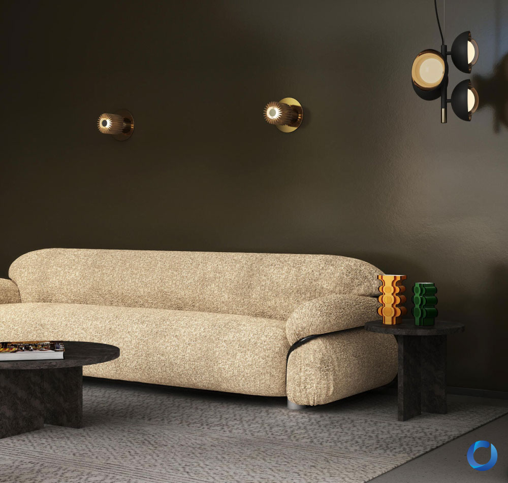 Beige textured sofa with modern lighting and dark walls. Collection Cozy