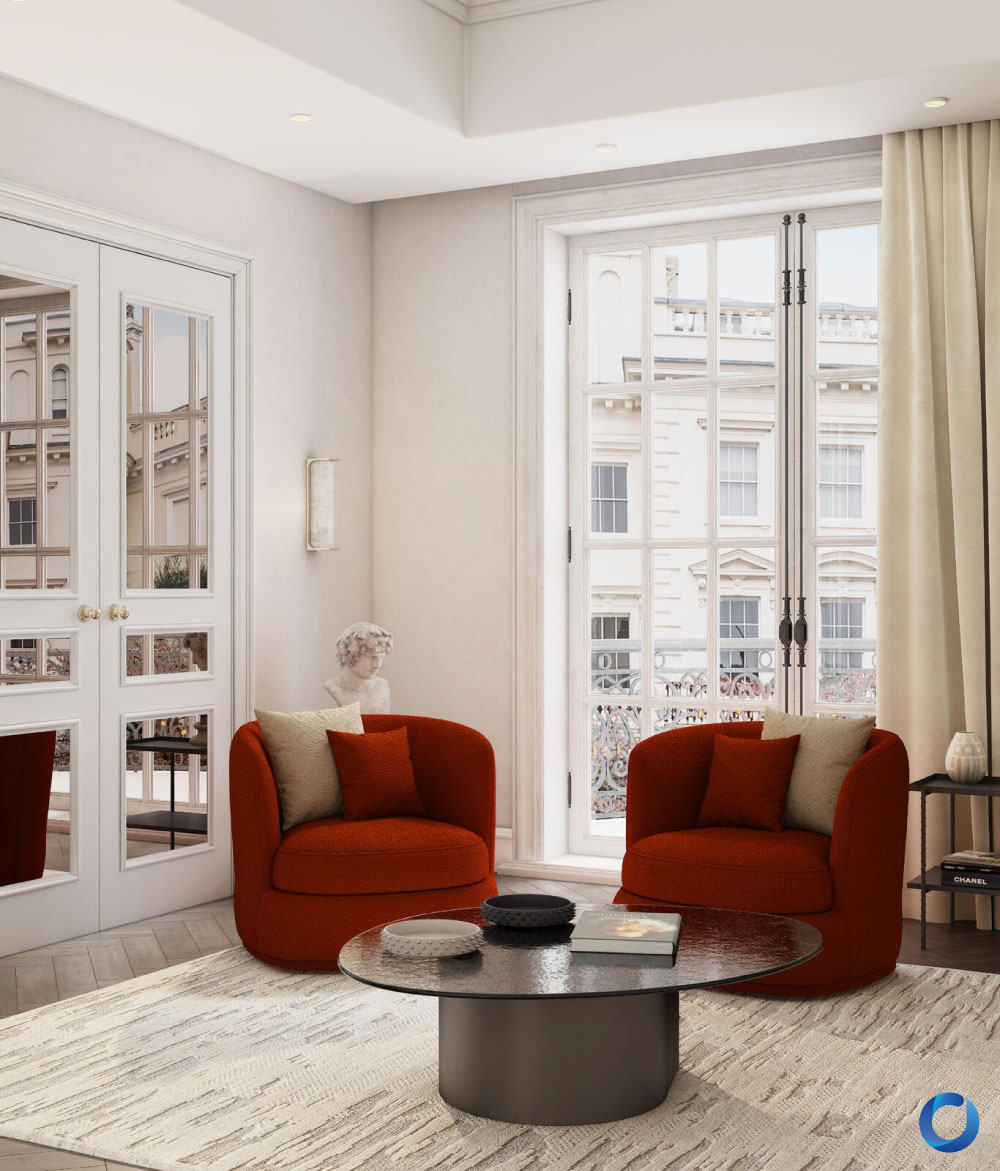 Elegant sitting area with red armchairs and large windows. Collection Grenoble