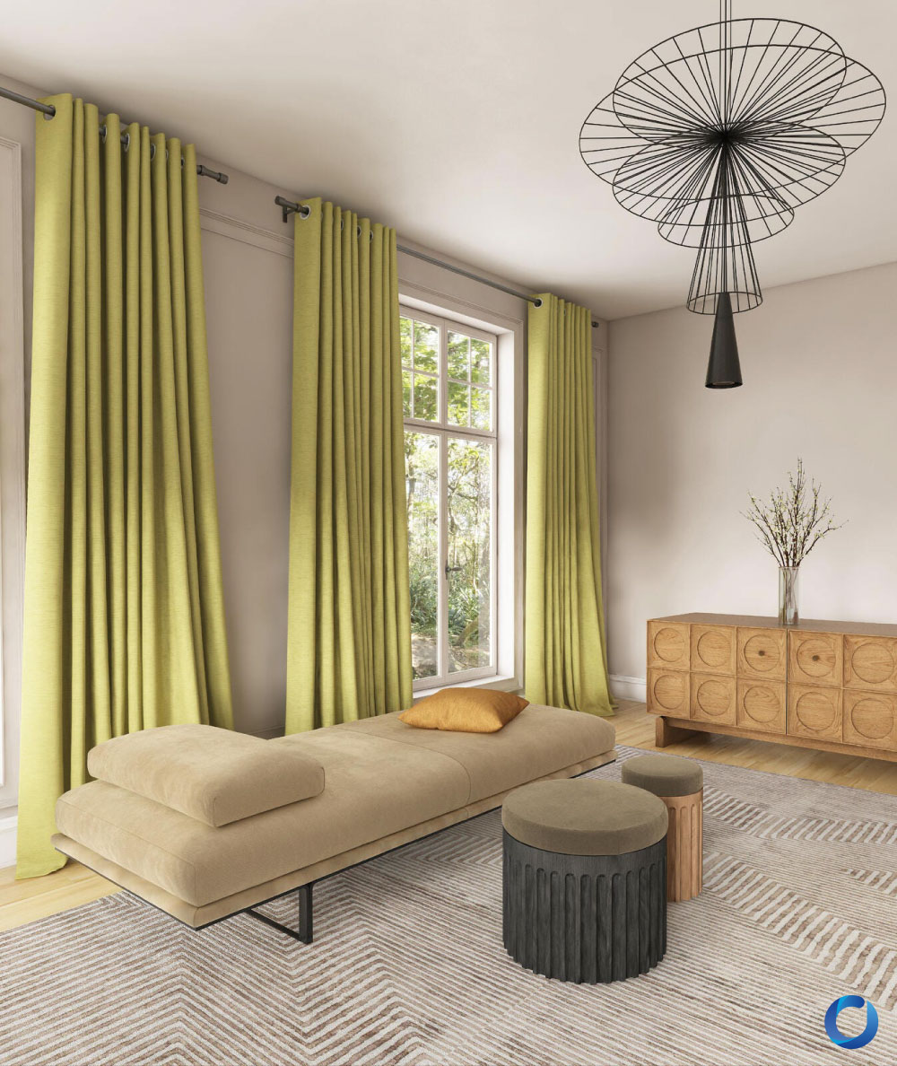 Bright living room with green curtains and minimalist decor. Collection Luxor
