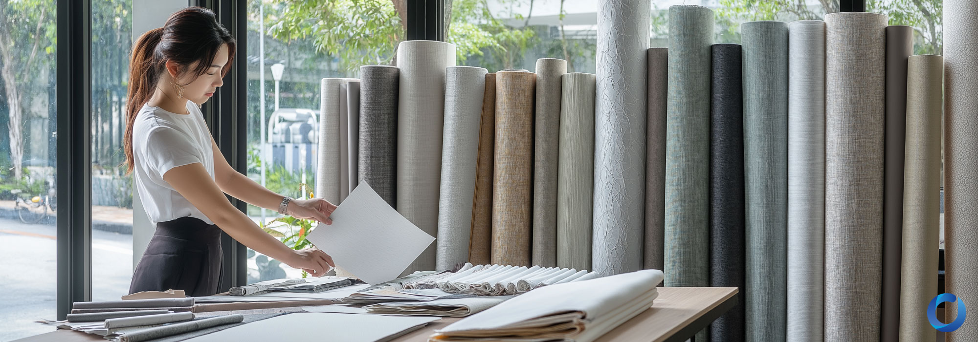 Woman browsing fabric samples in modern textile showroom.