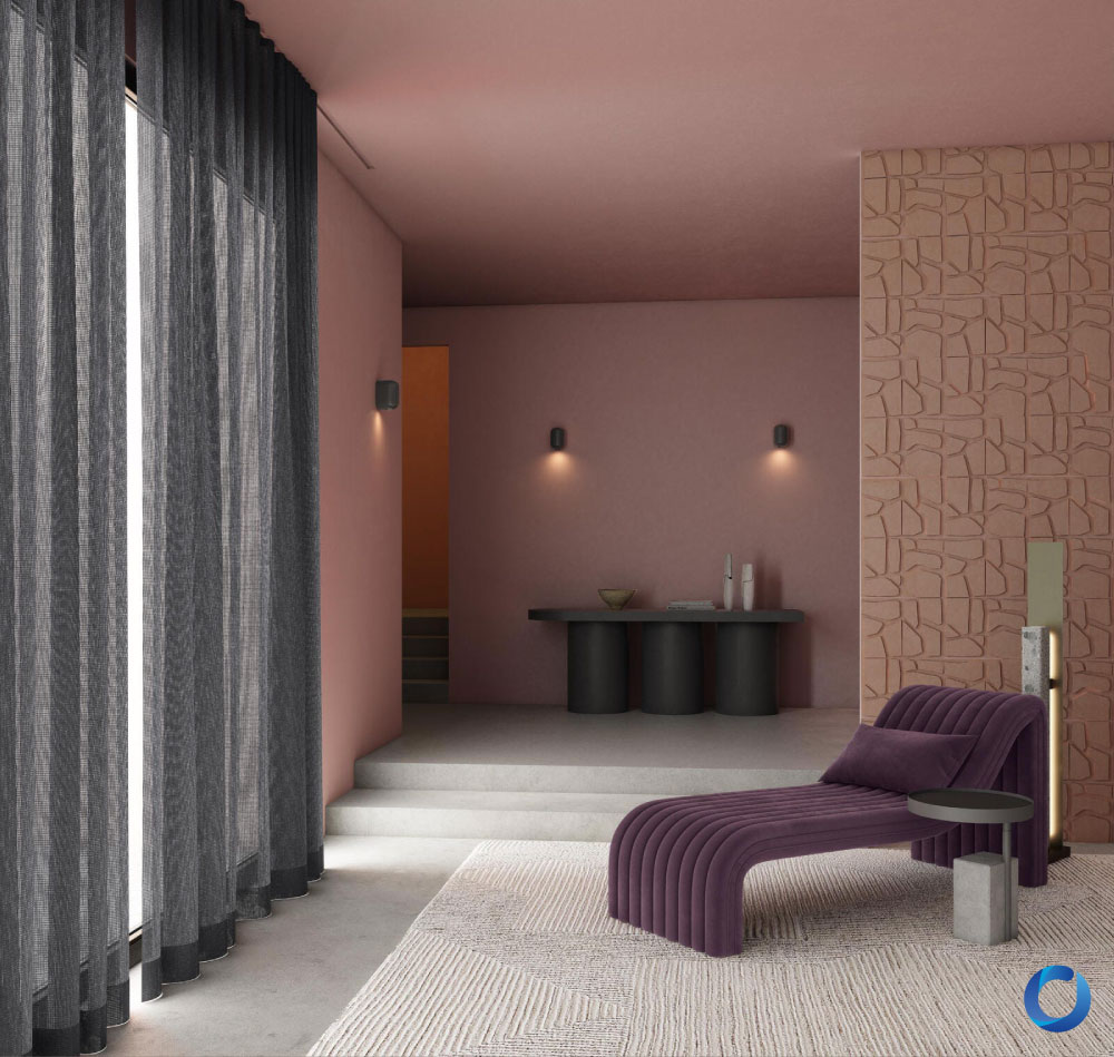 Modern pink interior with black sheer curtains and purple chaise. Collection Tundra