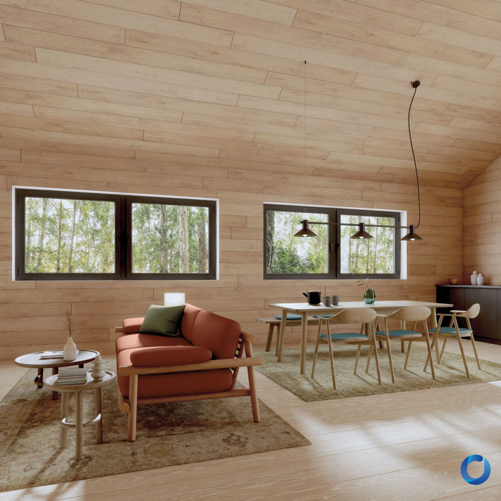 Scandinavian-style living room with fabric armchair and dining set. Collection Beyond