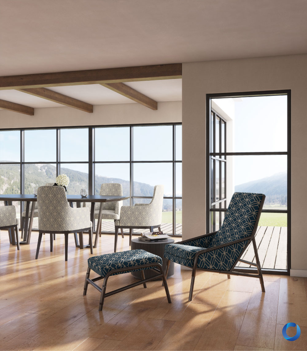 Modern lounge with patterned fabric chairs and mountain view. Collection Forthouse