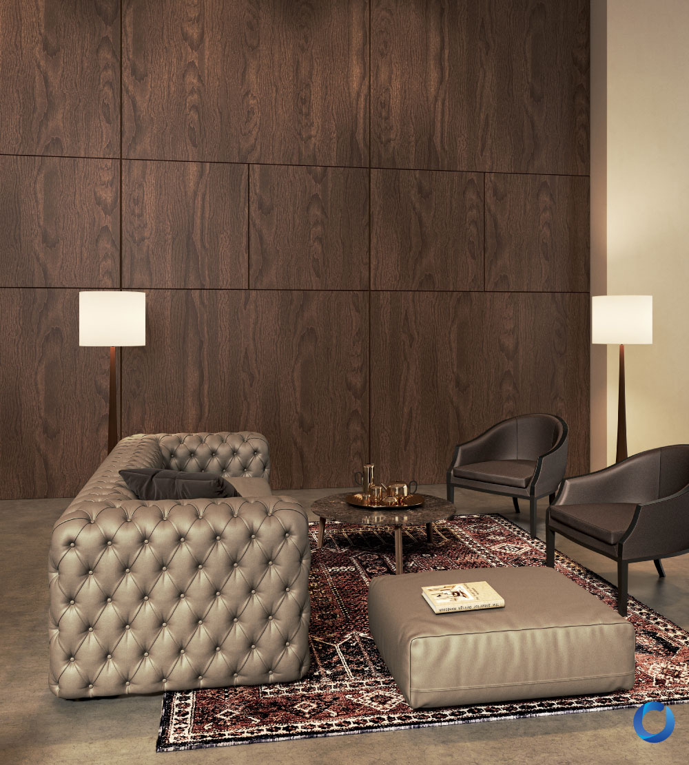 Luxurious lounge with tufted leather sofa and accent chairs. Collection Integra