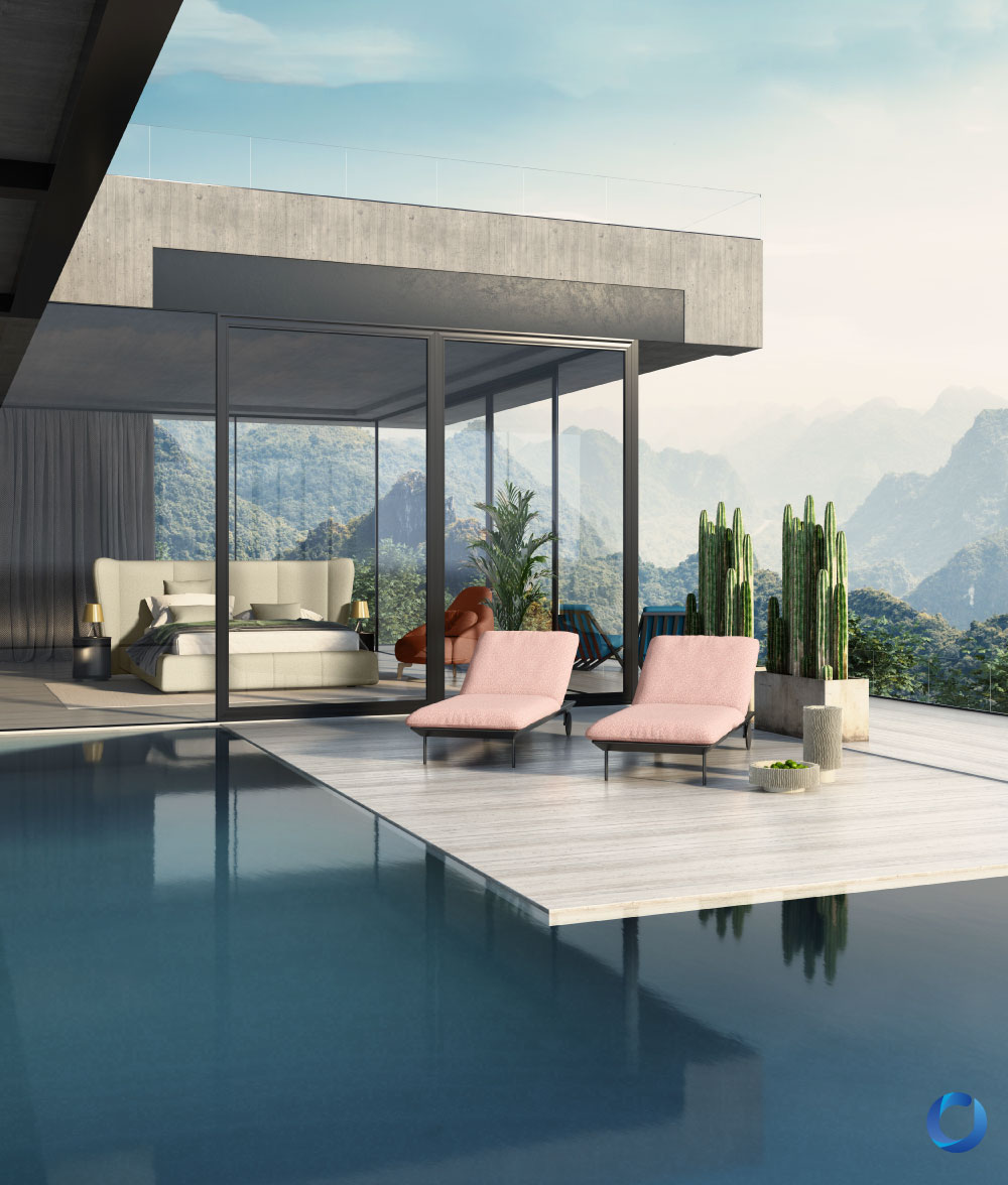 Modern villa poolside with pink fabric lounge chairs. Collection Outshine
