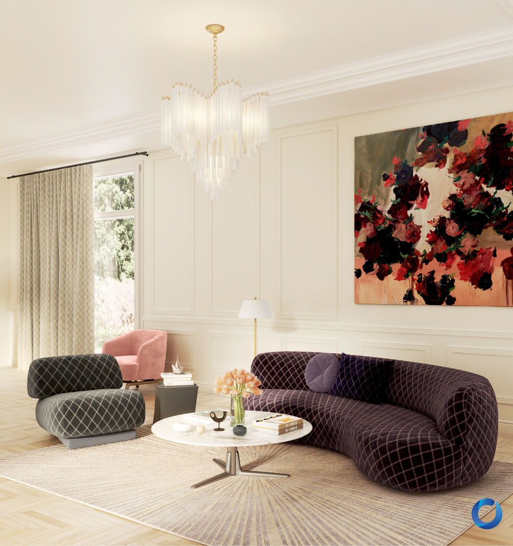 Luxurious living room with curved sofa and velvet chairs. Collection Plushy