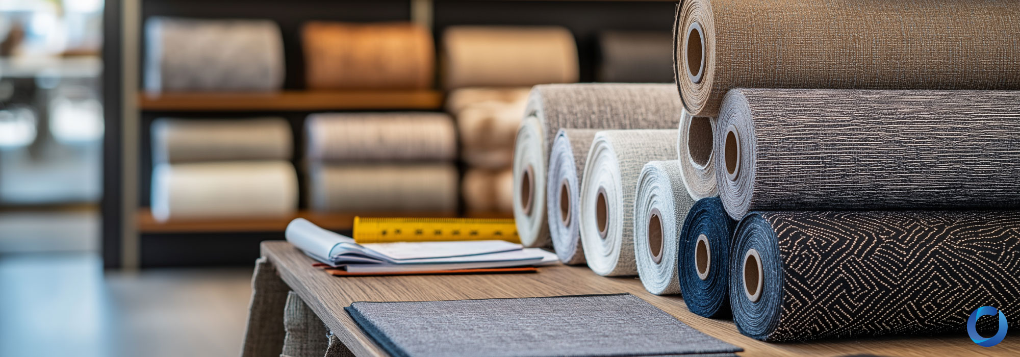Upholstery fabric rolls on display in fabric showroom