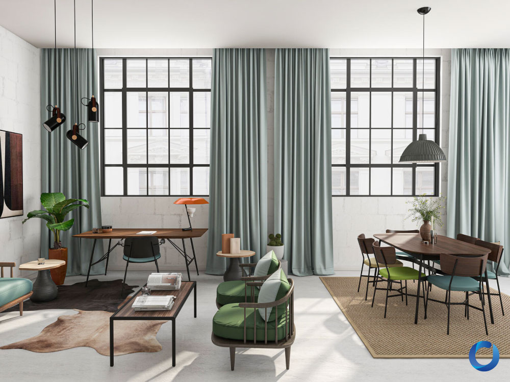 Modern dining and office space with teal curtains. Collection Bassilk