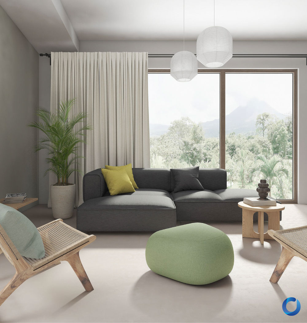 Modern living room with neutral curtains and green accent. Collection Casual