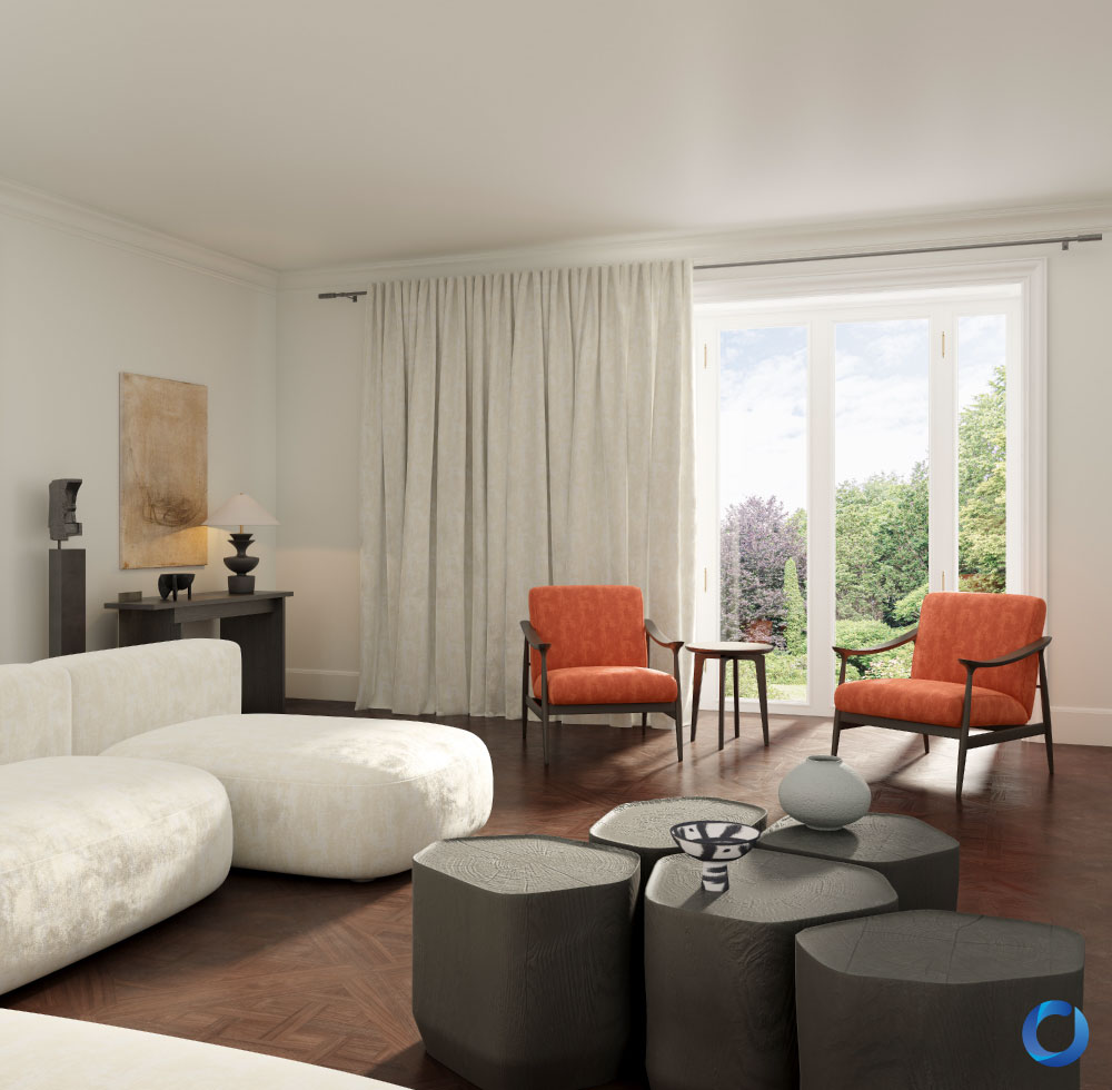 Elegant living room with textured curtains and orange chairs. Collection Innovation