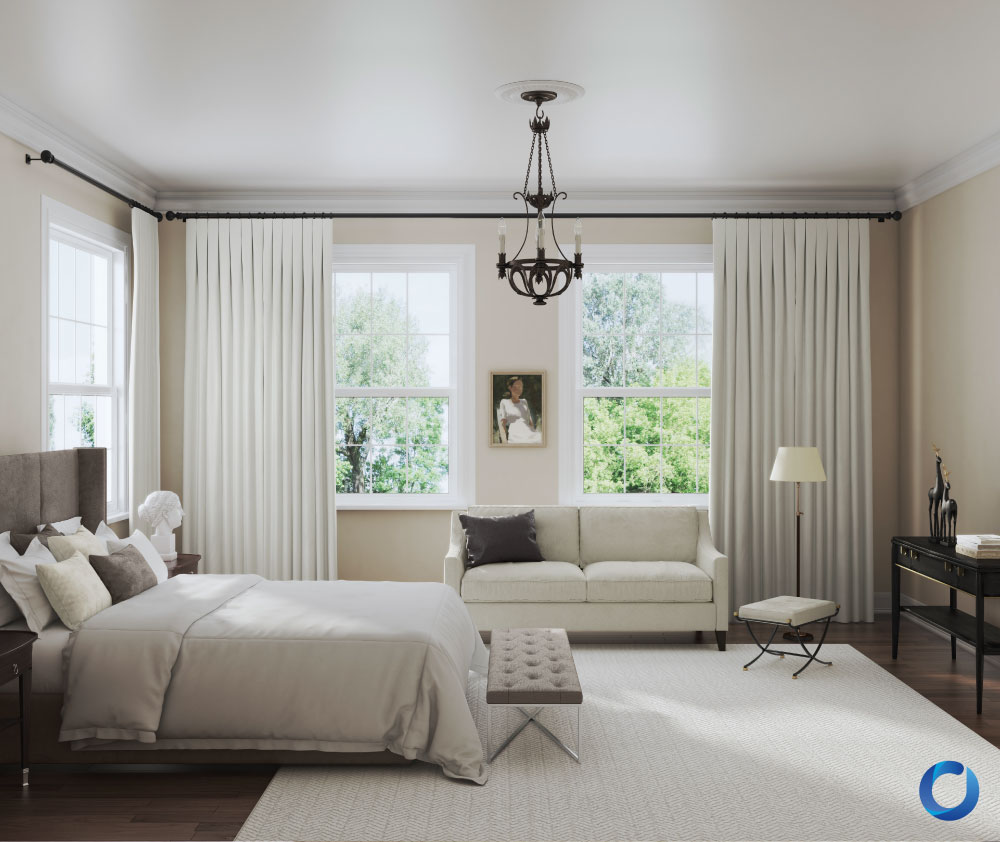 Classic bedroom with white curtains and neutral decor. Collection Lights Out