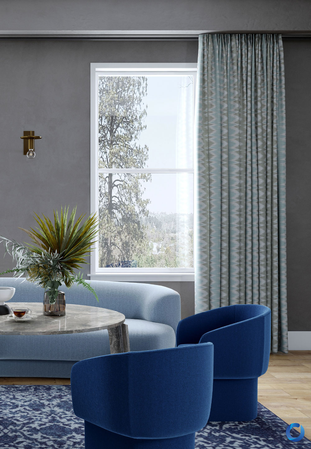 Modern living room with patterned curtains and blue chairs. Collection Marmont