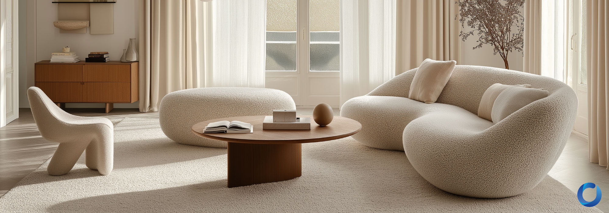 Minimalist living room with sheer and beige curtains