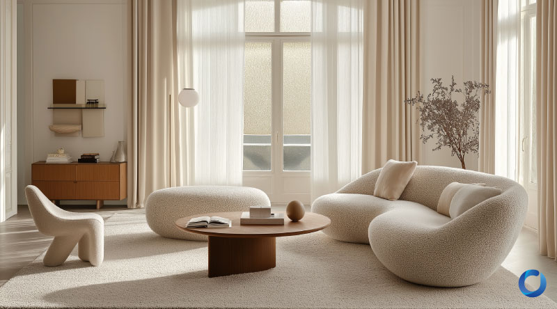 Minimalist living room with sheer and beige curtains