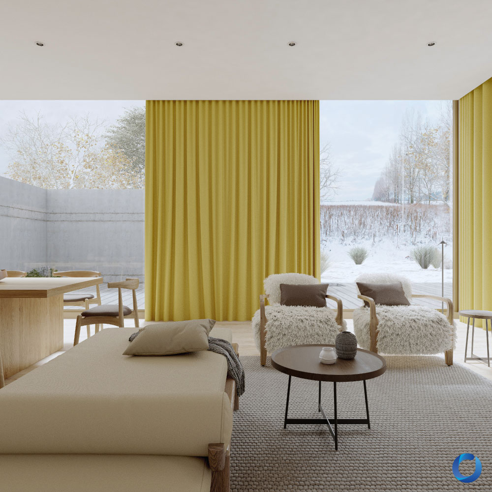Cozy living room with bright yellow curtains. Collection Winterweave
