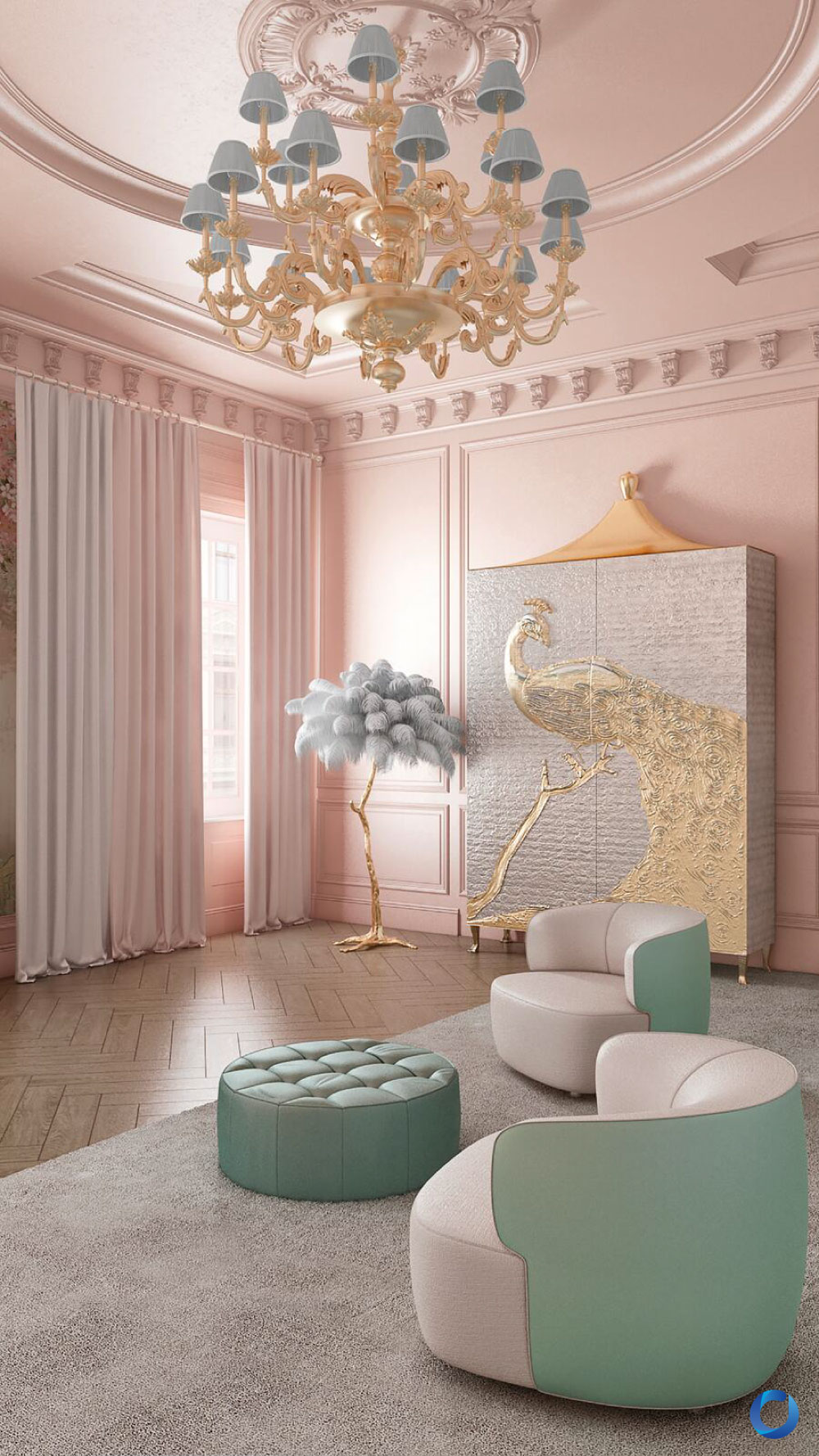 Elegant pink room with classic curtains and gold chandelier. Collection South Face