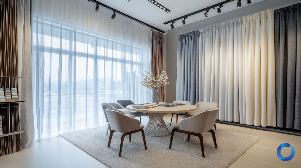 Curtain fabric showroom in Singapore with display samples