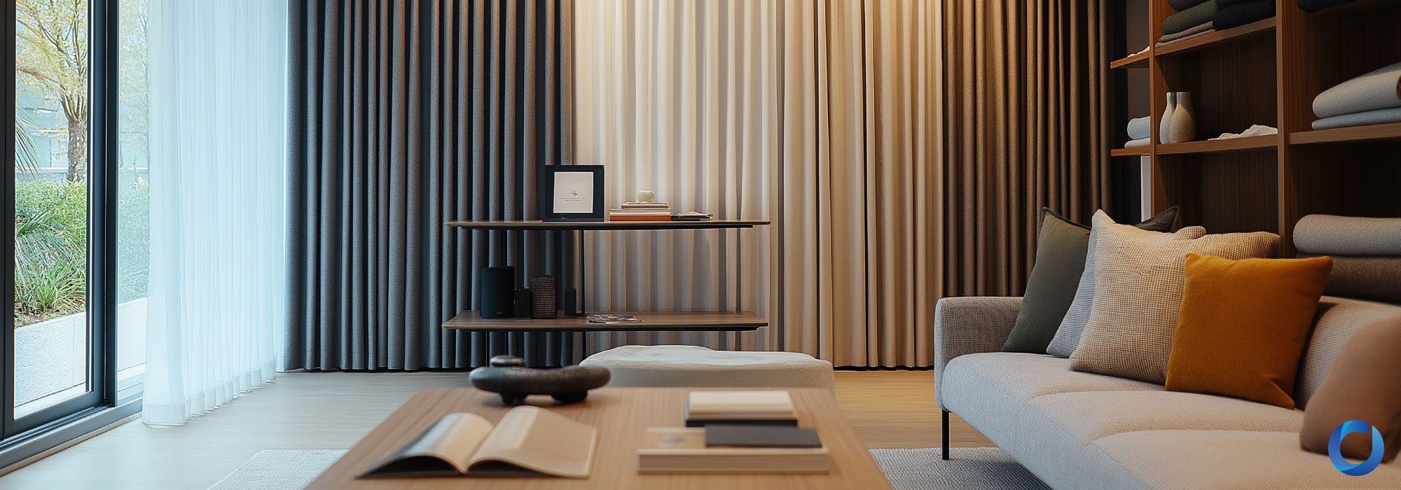 Modern living room with stylish curtain fabric display