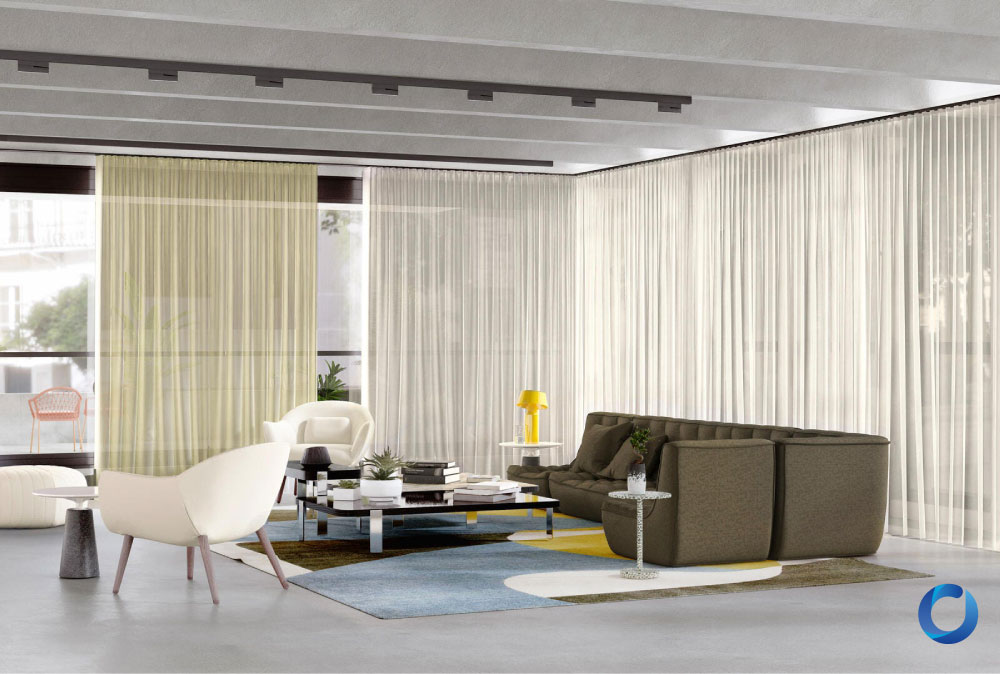 Contemporary lounge with sheer curtains and modern furniture. Cruiser Collection