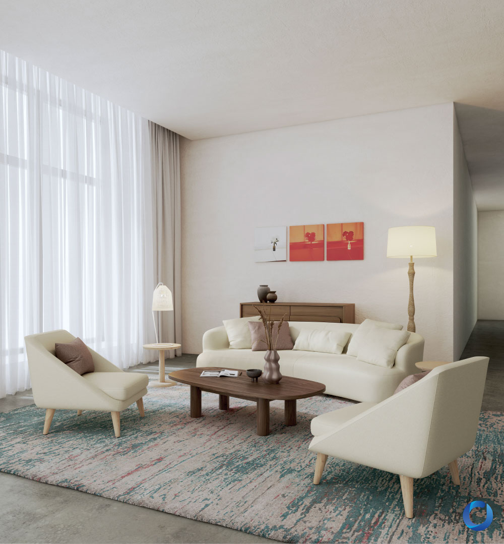 Scandinavian-style living room with sheer curtains and soft furnishings. Define Collection