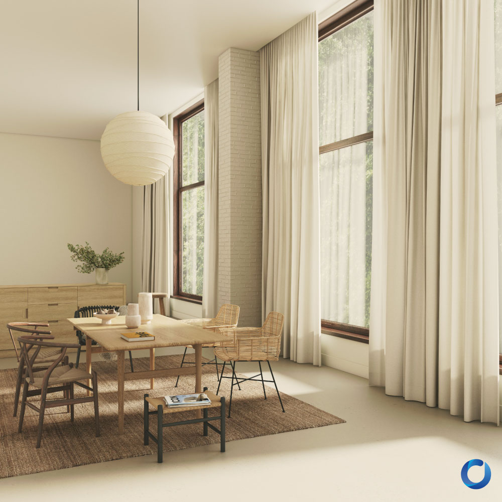 Minimalist dining room with tall cream curtains and wood furniture. Excel Collection