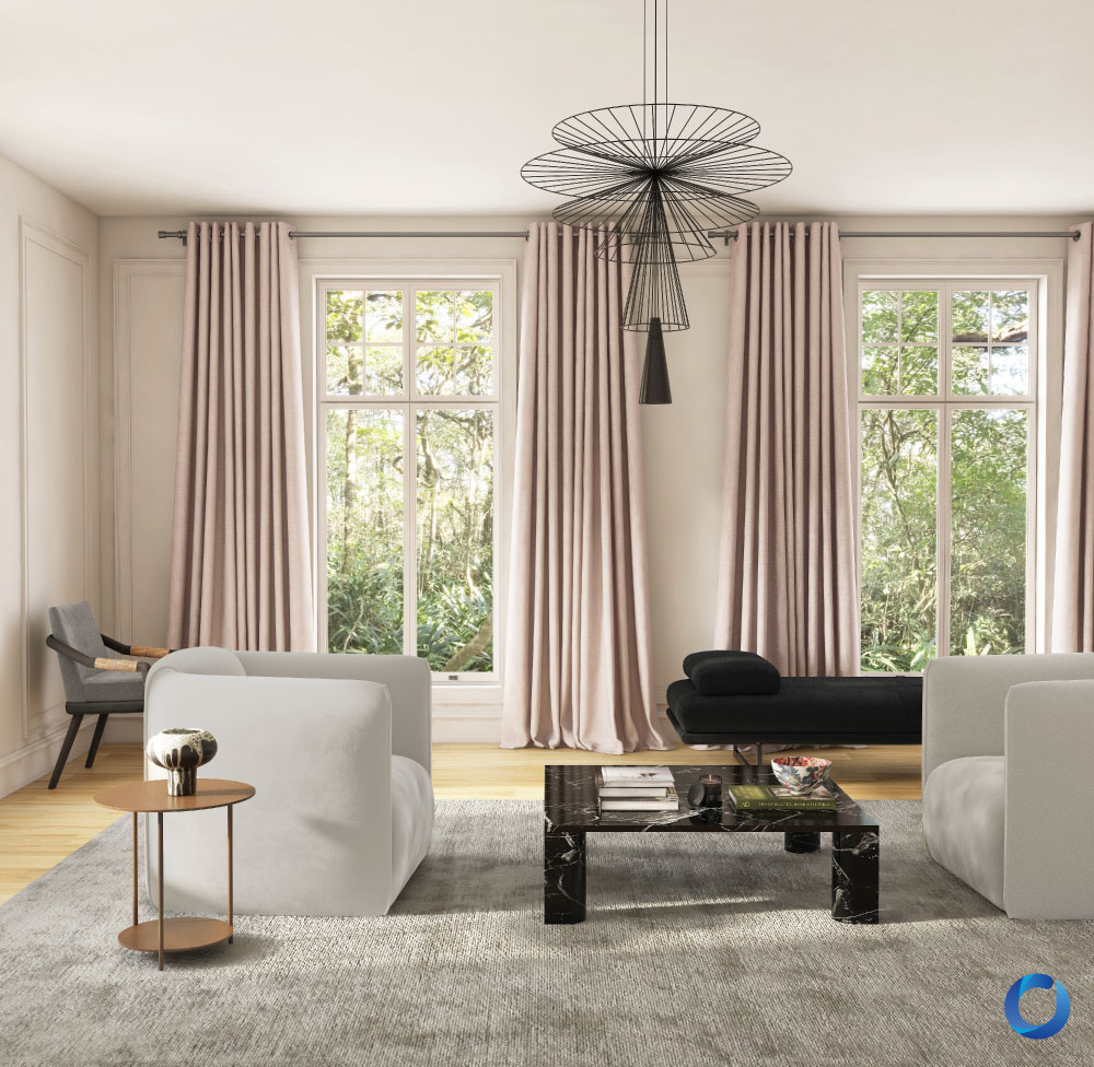 Elegant living room with blush curtains and modern decor. Luxor Collection