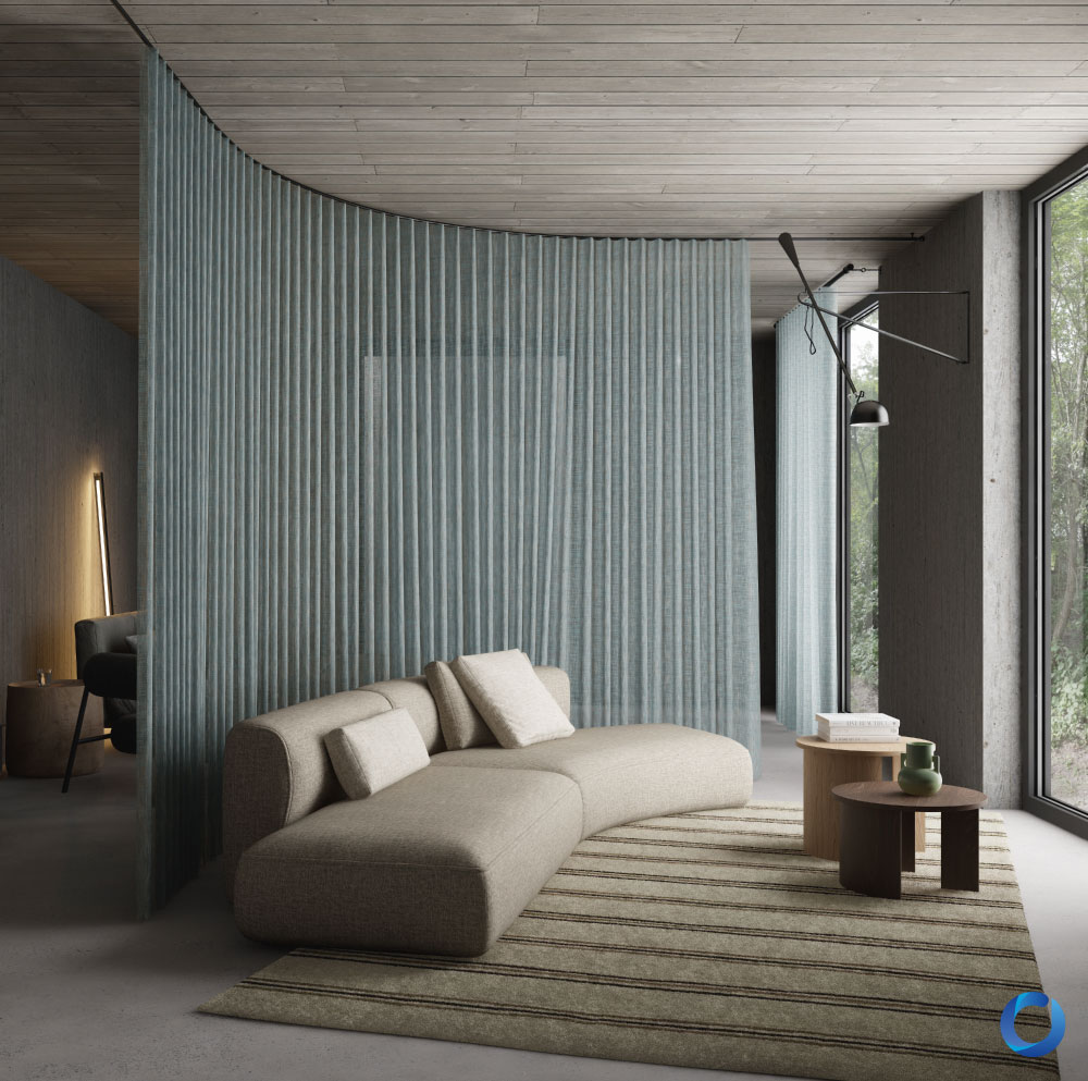 Modern lounge with curved sheer curtain and neutral sofa. Zip Collection