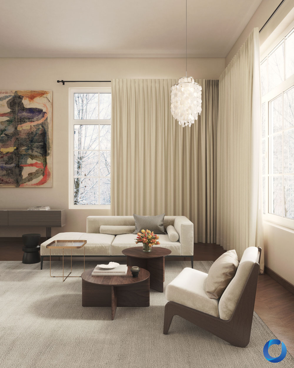 Elegant living room with cream curtains and modern wood furniture. Jet Set Collection