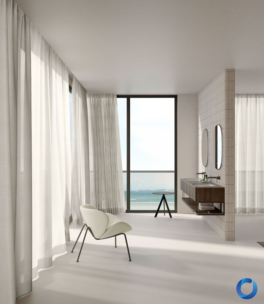 Minimalist space with sheer white curtains and ocean view. Locomotion Collection