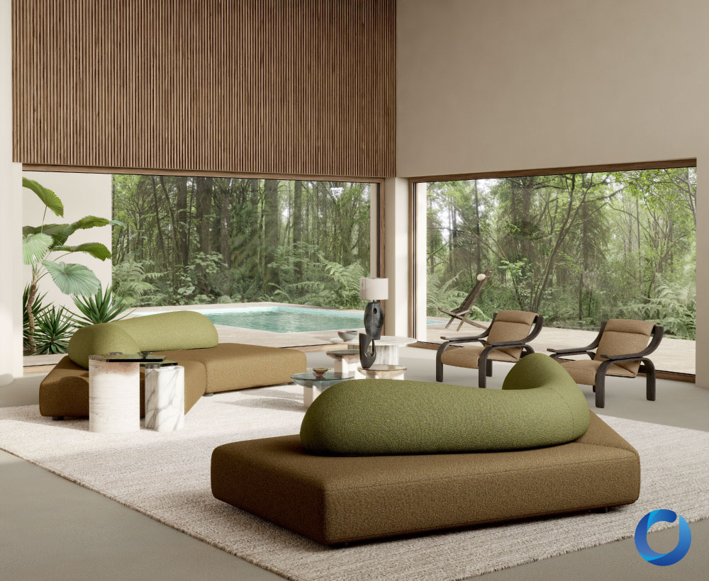 Modern tropical living room with earthy-toned sofas and forest view. Raptor Collection