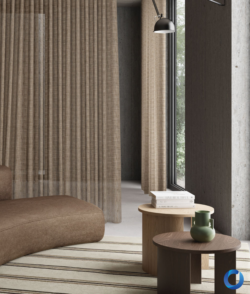 Cozy interior with brown sheer curtains and neutral-toned furniture. Zip Collection