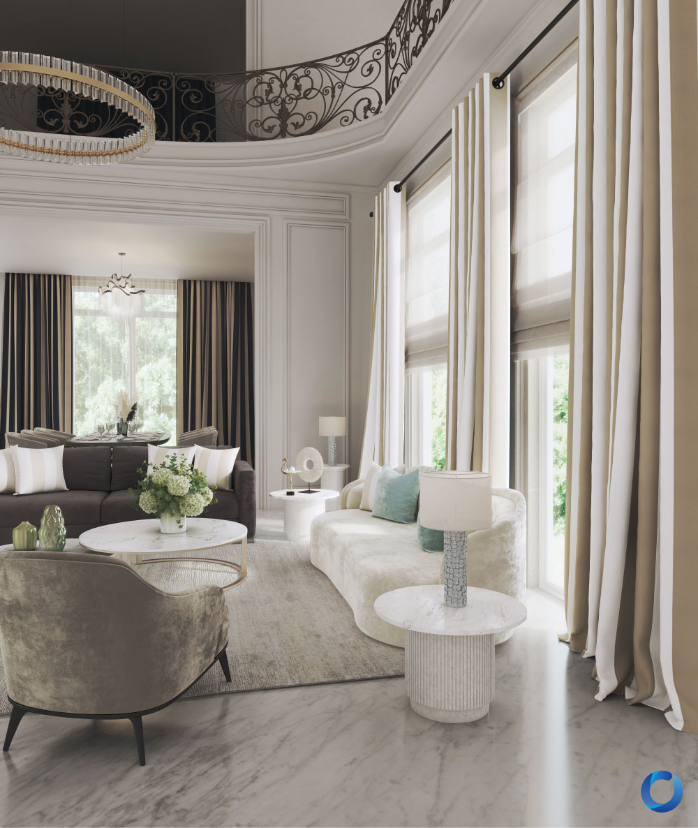 Luxury living room with striped European drapes and sheer curtains. Eco Stripe Collection