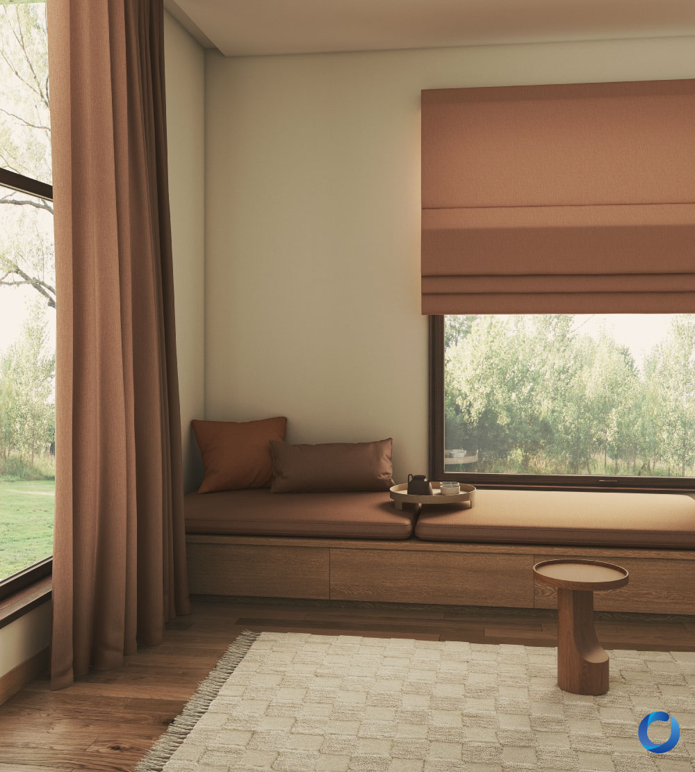 Cozy reading nook with terracotta Roman shades and curtains. Excel Collection