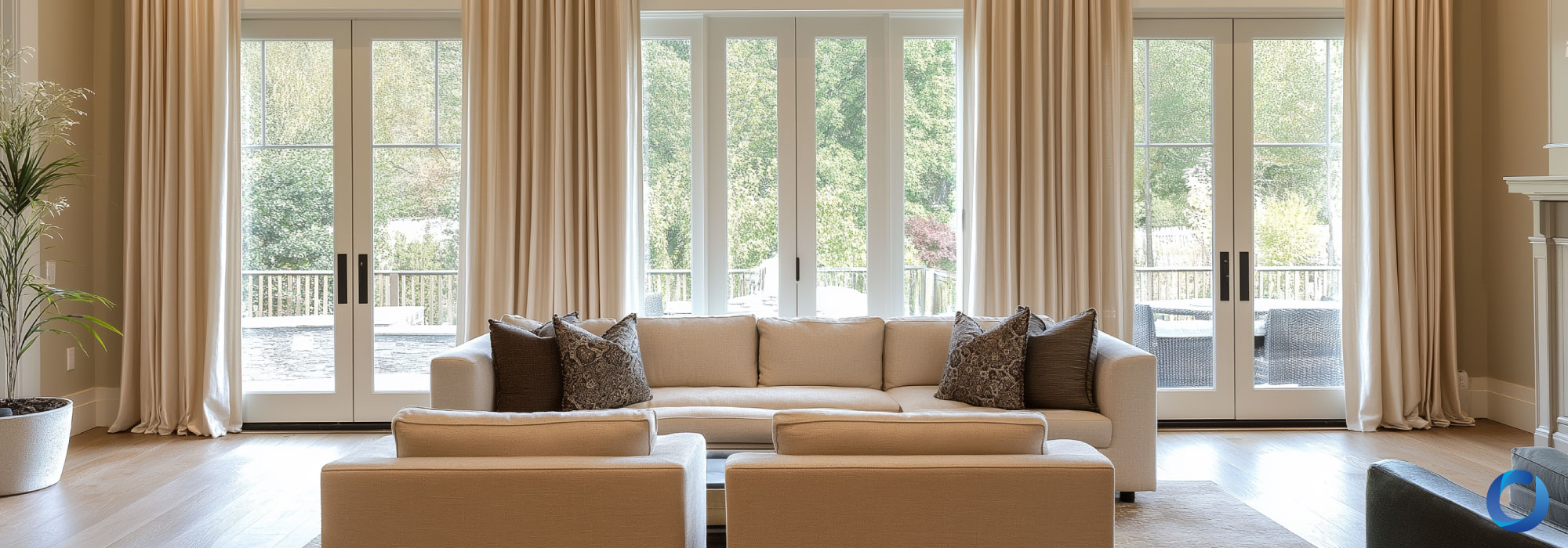 Elegant living room with floor-to-ceiling beige curtains