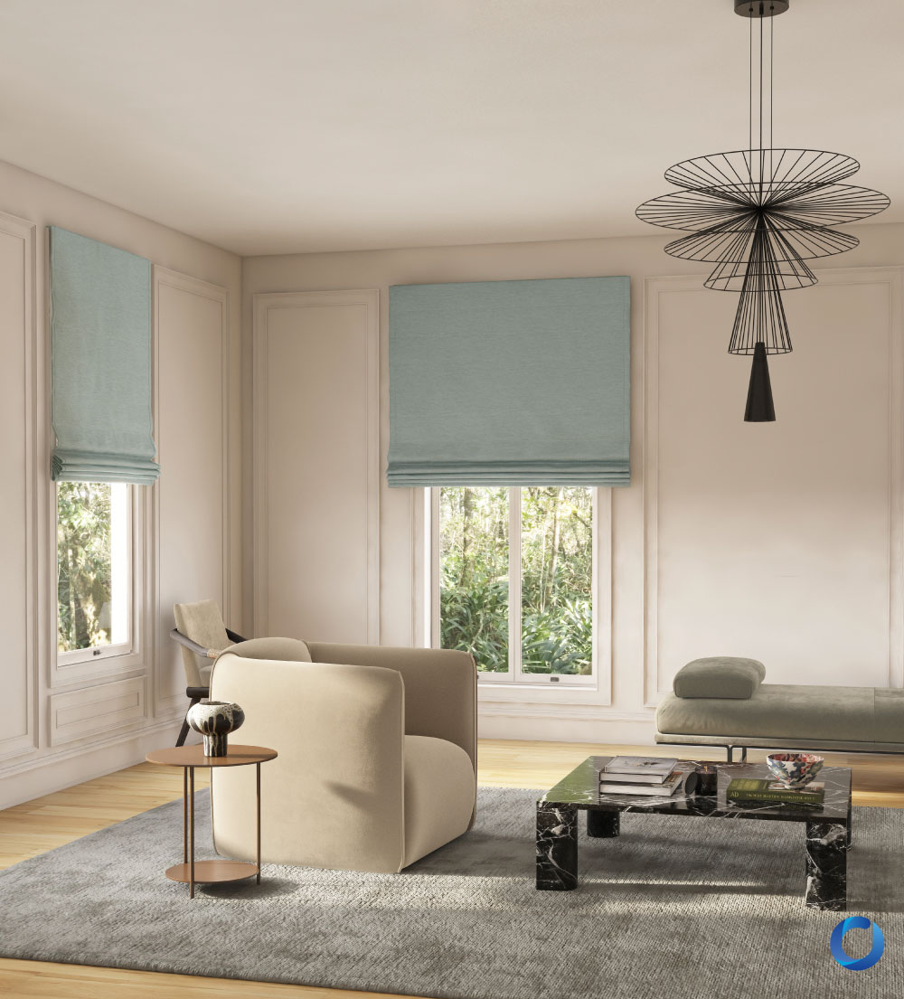 Modern living room with soft blue Roman blinds and minimalist decor. Luxor Collection