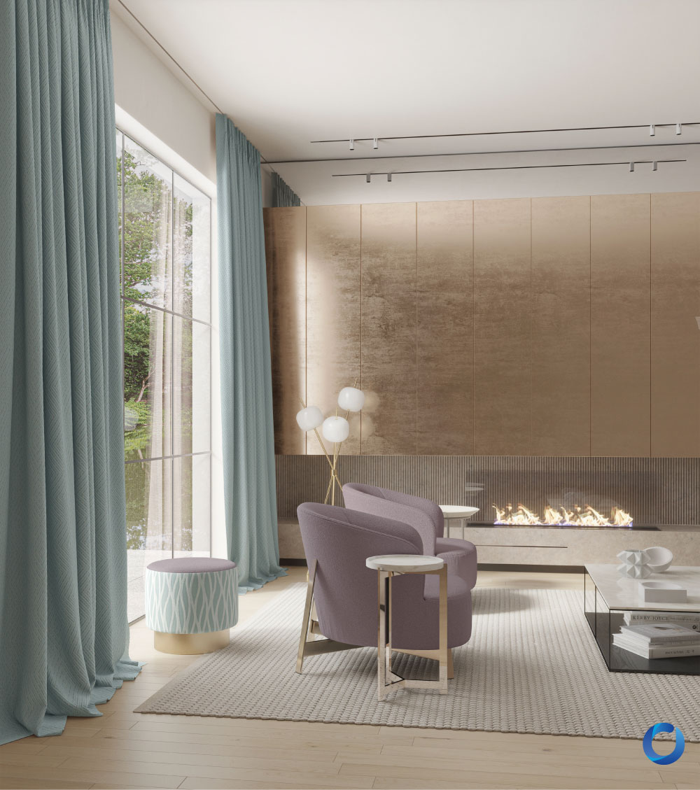 Contemporary living room with pastel blue curtains and soft seating. Marmont Collection