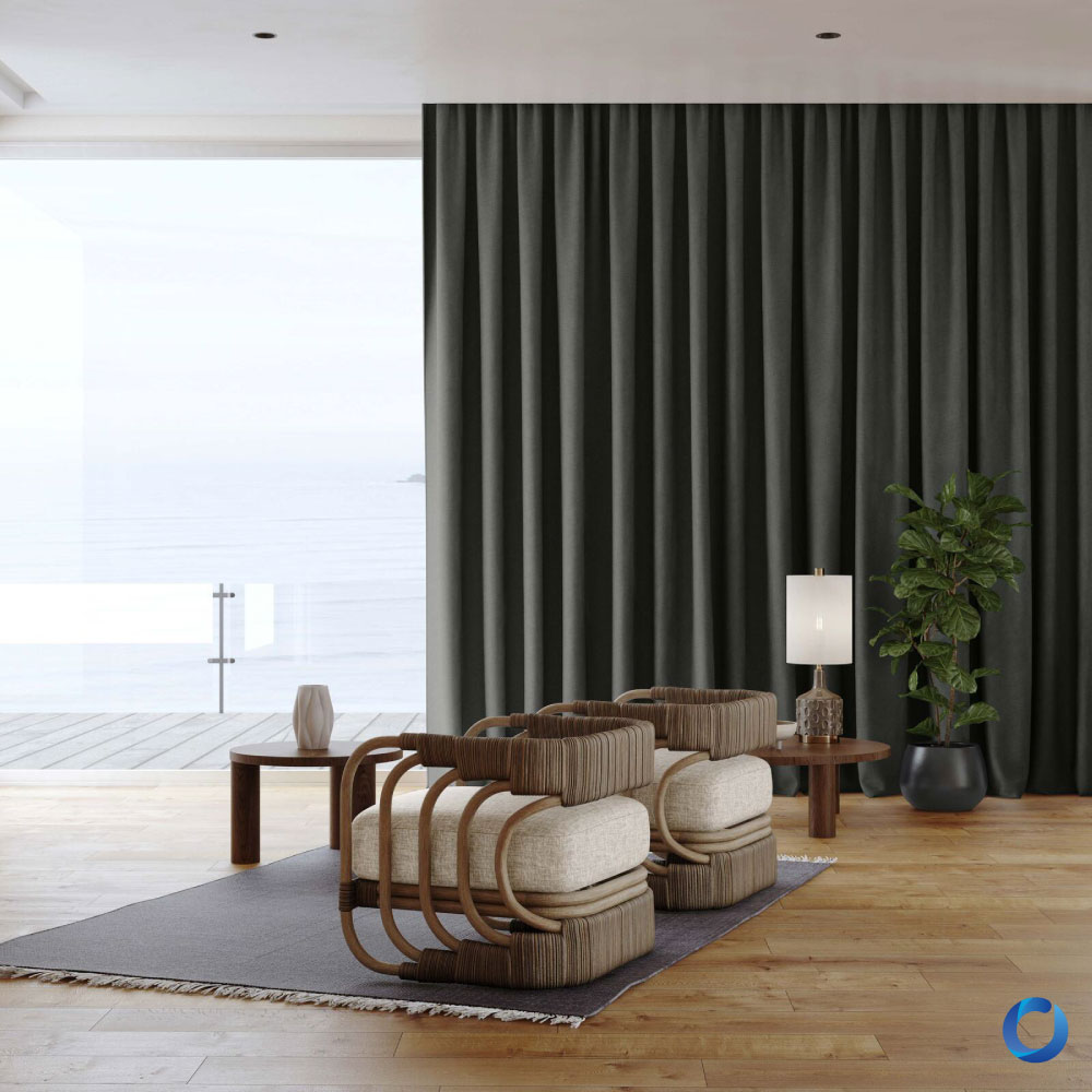 Modern coastal room with dark blackout curtains and ocean view. Miro Collection