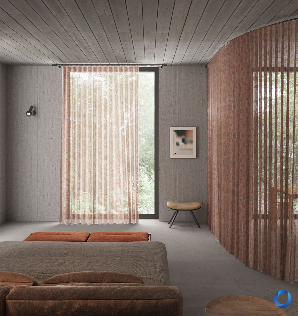 Modern bedroom with sheer copper curtains and concrete walls. Zip Collection
