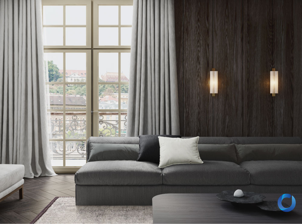 Modern living room with grey European curtains and sofa. Embrace Collection