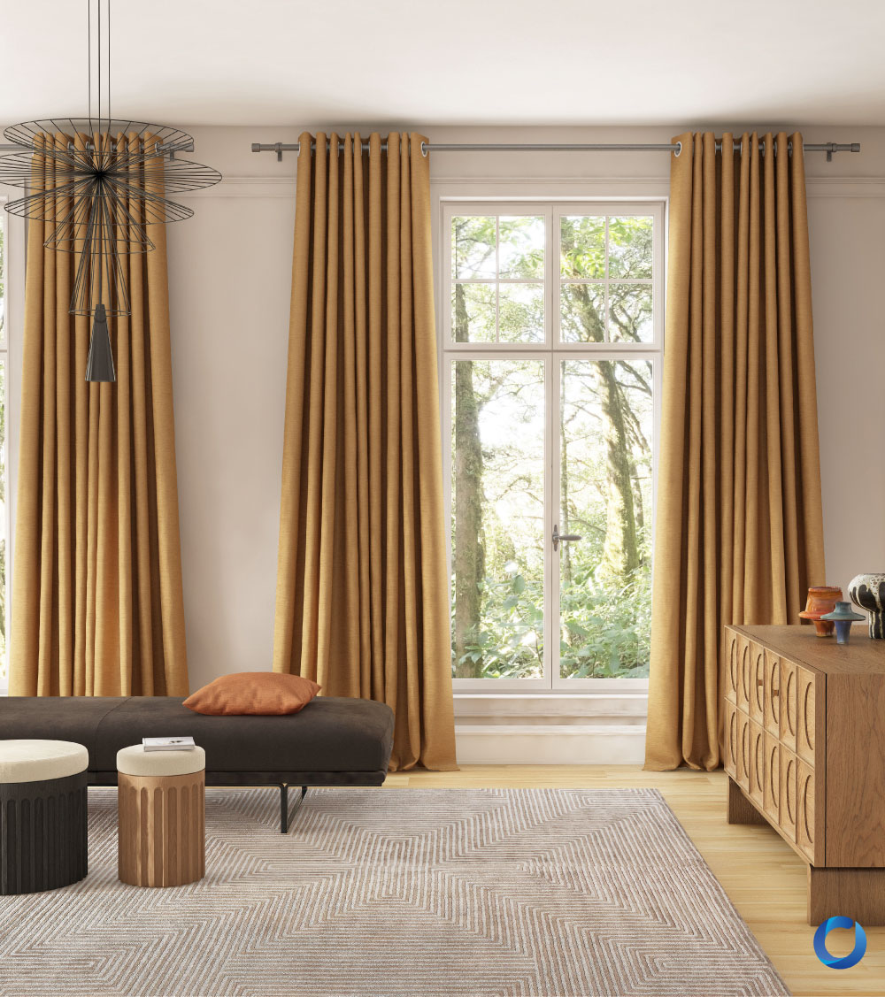 Modern living room with gold European curtains and decor. Luxor Collection