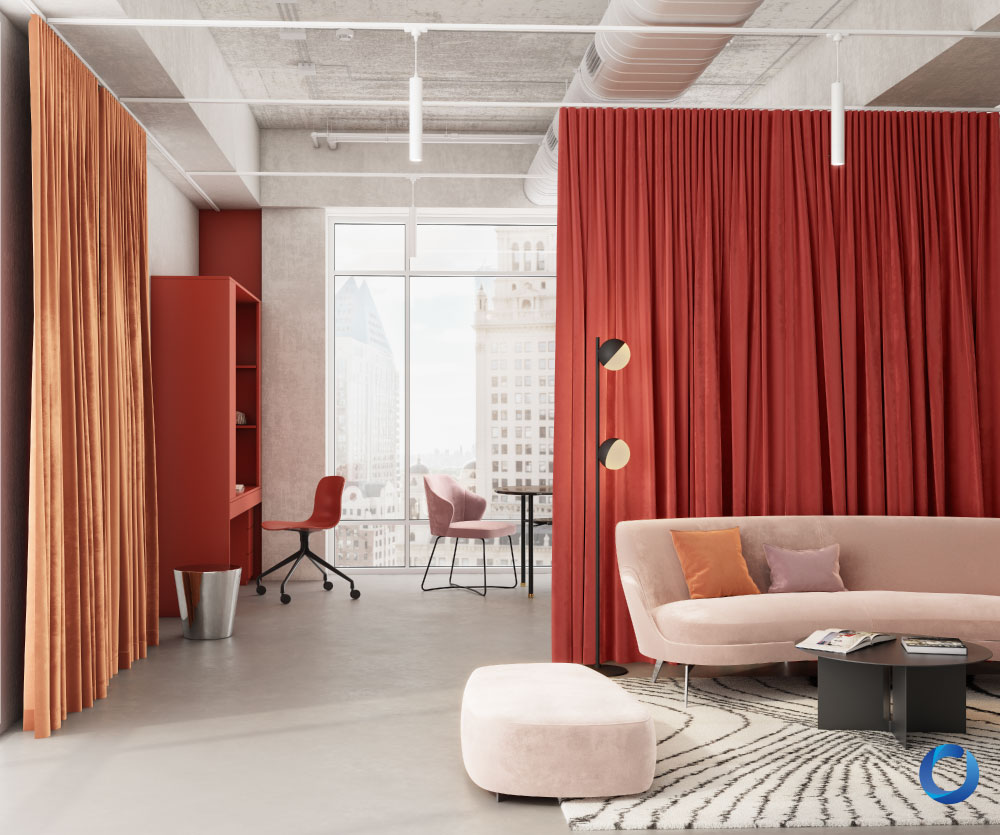 Modern luxury living room with European curtains and sofa. Moonraker Collection