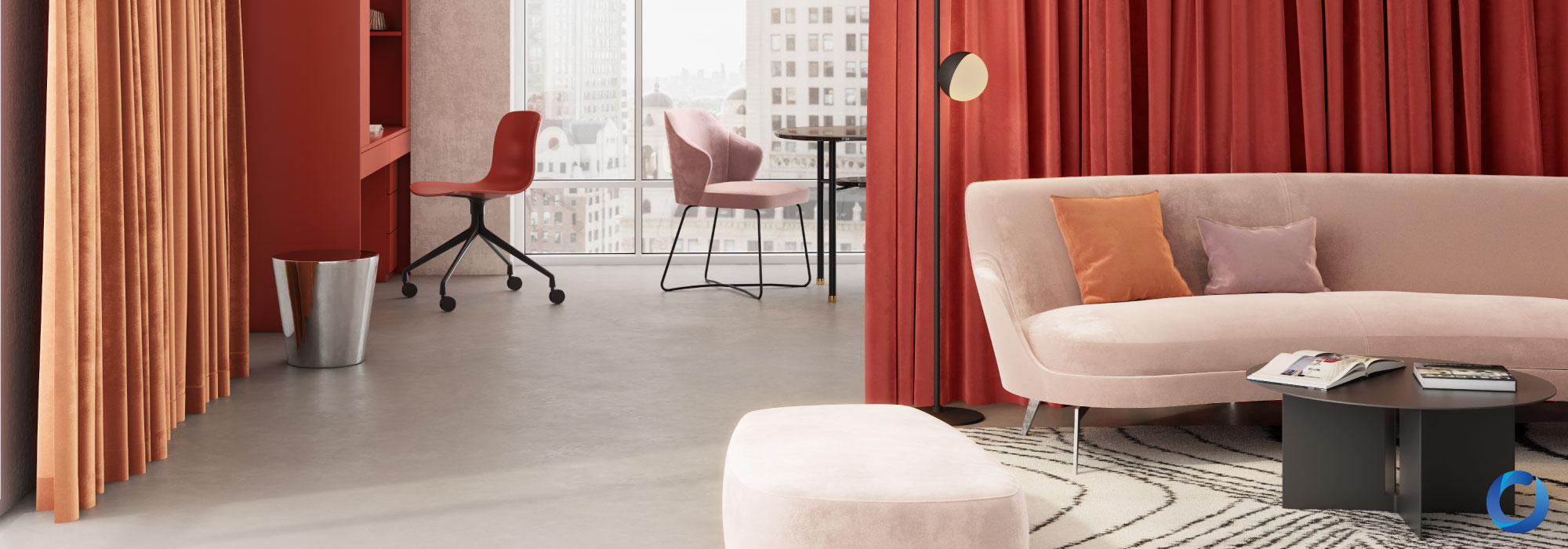Modern luxury living room with European curtains and sofa. Moonraker Collection