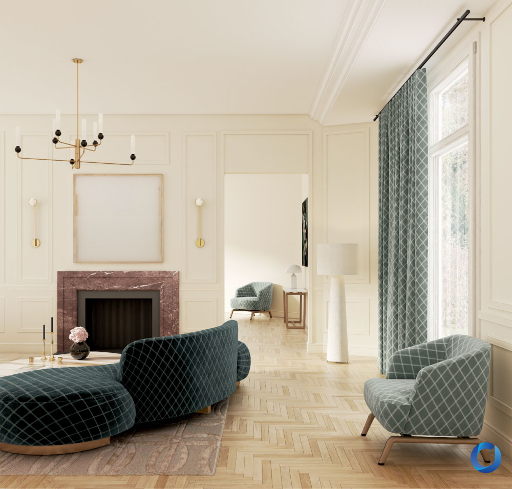 Elegant living room with patterned European curtains and sofa. Pantheon Collection