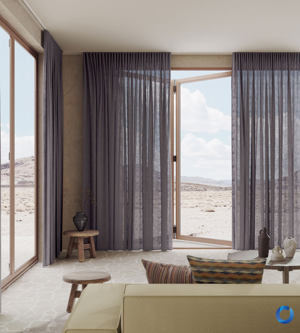 Cozy living room with sheer European curtains and sofa. Release Collection